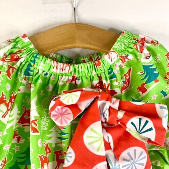 Christmas Holiday red green white reindeer snowflake ruffled bow twirl dress - Picture 2 of 13